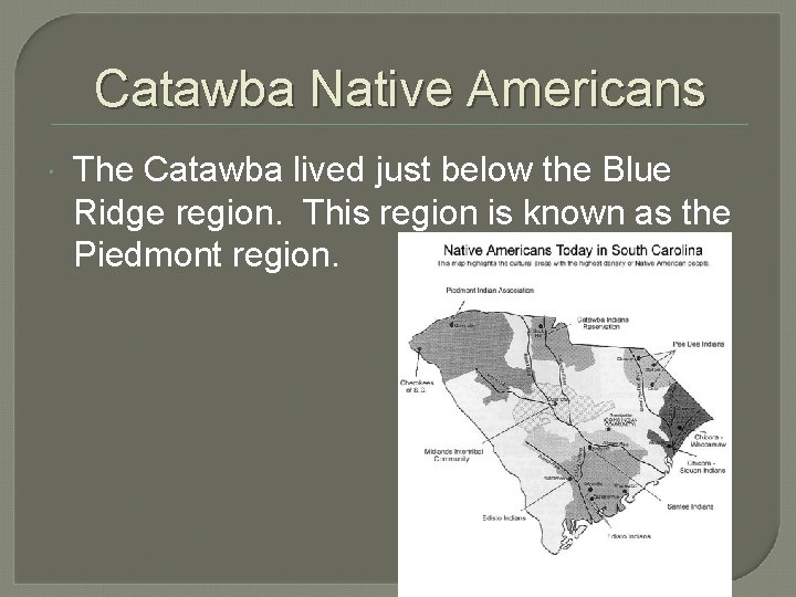 Catawba Native Americans The Catawba lived just below the Blue Ridge region. This region