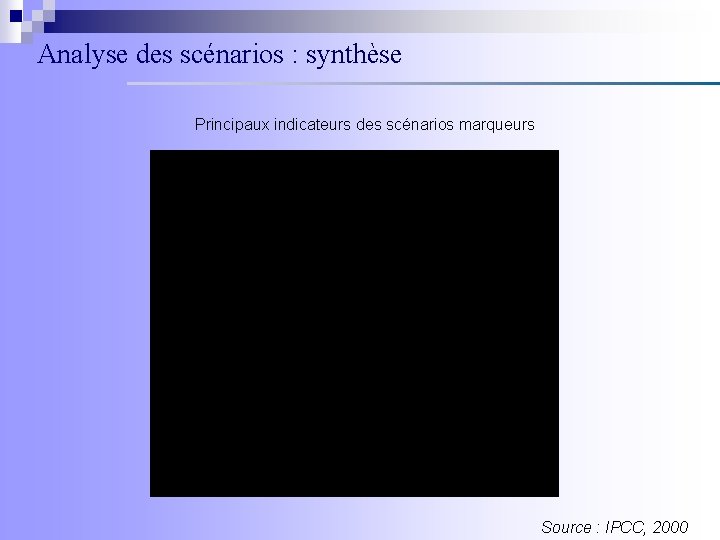 Analyse des scénarios : synthèse Principaux indicateurs des scénarios marqueurs Source : IPCC, 2000