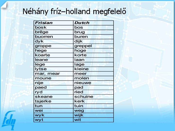 Néhány fríz–holland megfelelő 