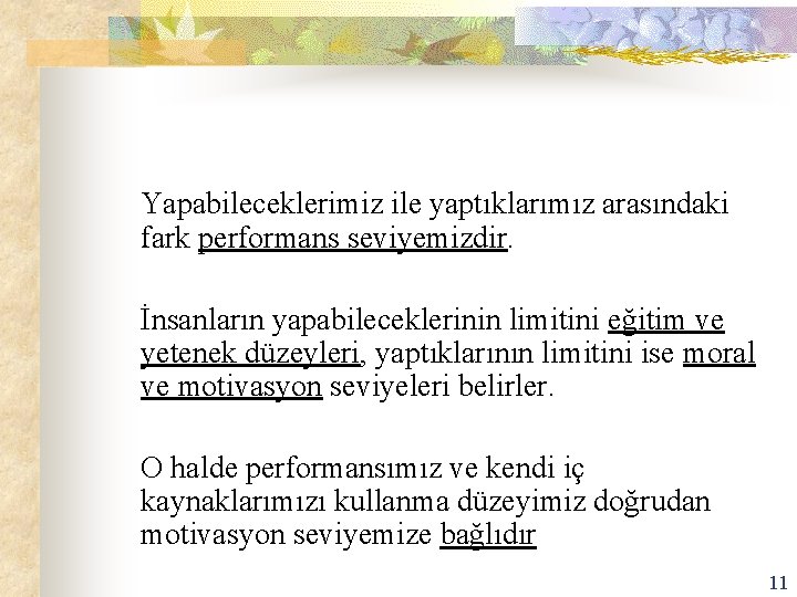 Yapabileceklerimiz ile yaptıklarımız arasındaki fark performans seviyemizdir. İnsanların yapabileceklerinin limitini eğitim ve yetenek düzeyleri,