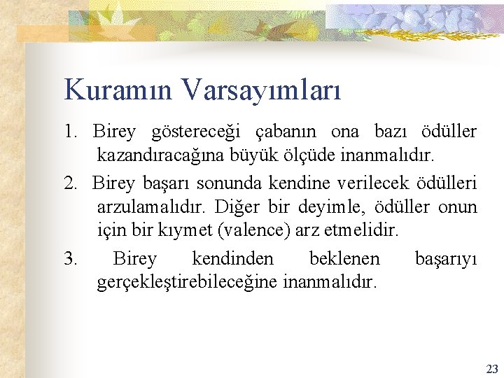 Kuramın Varsayımları 1. Birey göstereceği çabanın ona bazı ödüller kazandıracağına büyük ölçüde inanmalıdır. 2.