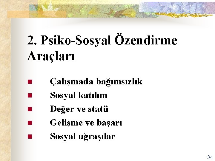 2. Psiko-Sosyal Özendirme Araçları n n n Çalışmada bağımsızlık Sosyal katılım Değer ve statü