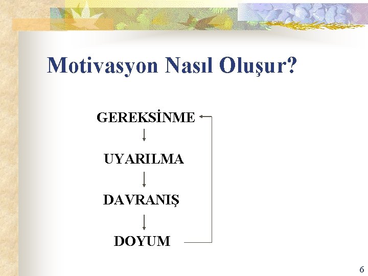 Motivasyon Nasıl Oluşur? GEREKSİNME UYARILMA DAVRANIŞ DOYUM 6 