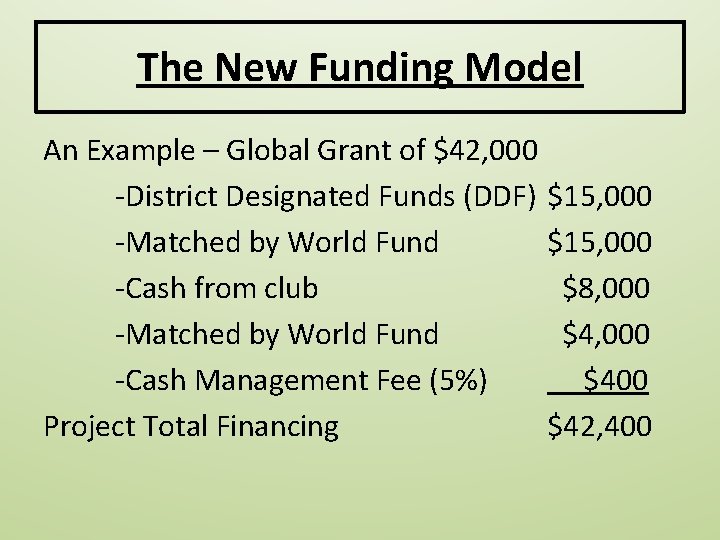 The New Funding Model An Example – Global Grant of $42, 000 -District Designated