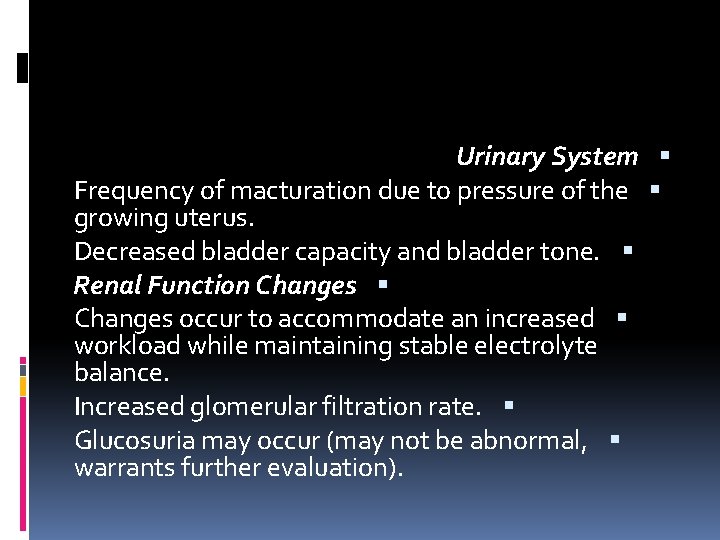 Urinary System Frequency of macturation due to pressure of the growing uterus. Decreased bladder