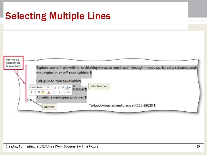Selecting Multiple Lines Creating, Formatting, and Editing a Word Document with a Picture 29 Selecting Multiple Lines Creating, Formatting, and Editing a Word Document with a Picture 29