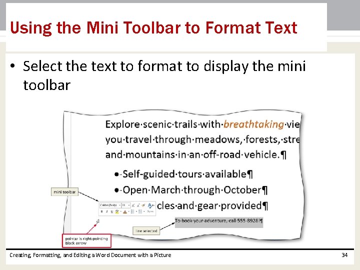Using the Mini Toolbar to Format Text • Select the text to format to Using the Mini Toolbar to Format Text • Select the text to format to