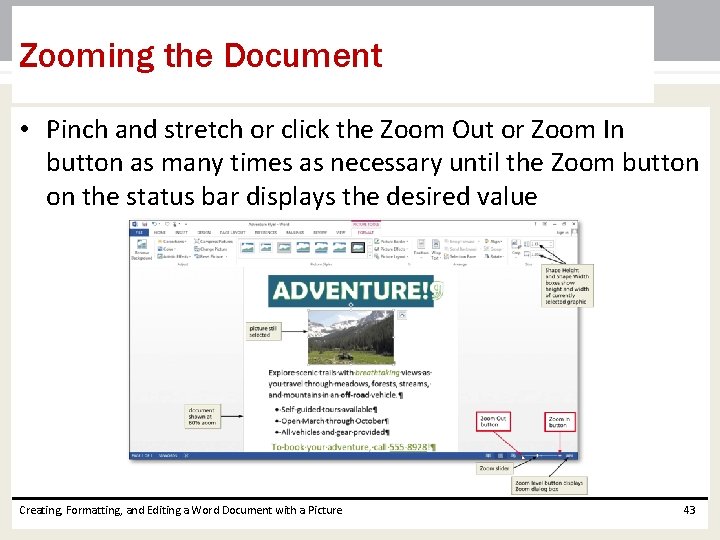 Zooming the Document • Pinch and stretch or click the Zoom Out or Zoom Zooming the Document • Pinch and stretch or click the Zoom Out or Zoom