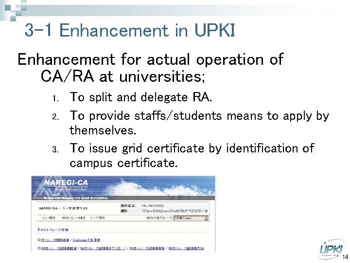 3 -1 Enhancement in UPKI Enhancement for actual operation of CA/RA at universities; 1.