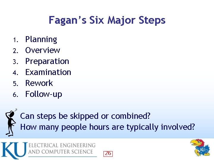 Fagan’s Six Major Steps 1. 2. 3. 4. 5. 6. Planning Overview Preparation Examination