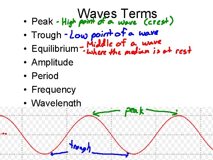  • • Waves Terms Peak Trough Equilibrium Amplitude Period Frequency Wavelength 