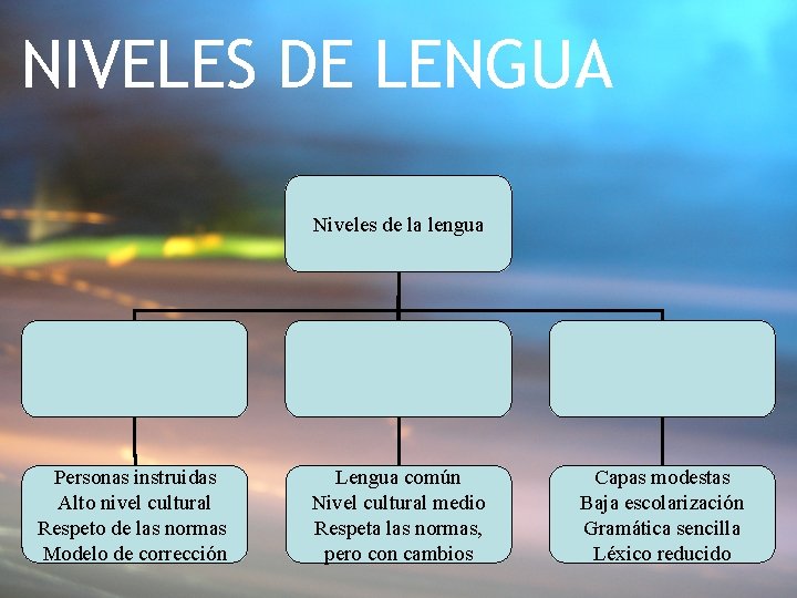 NIVELES DE LENGUA Niveles de la lengua Personas instruidas Alto nivel cultural Respeto de