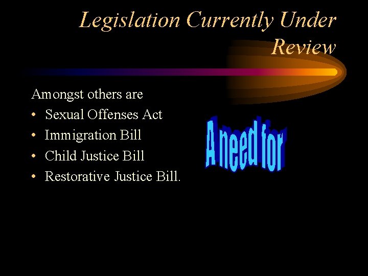 Legislation Currently Under Review Amongst others are • Sexual Offenses Act • Immigration Bill