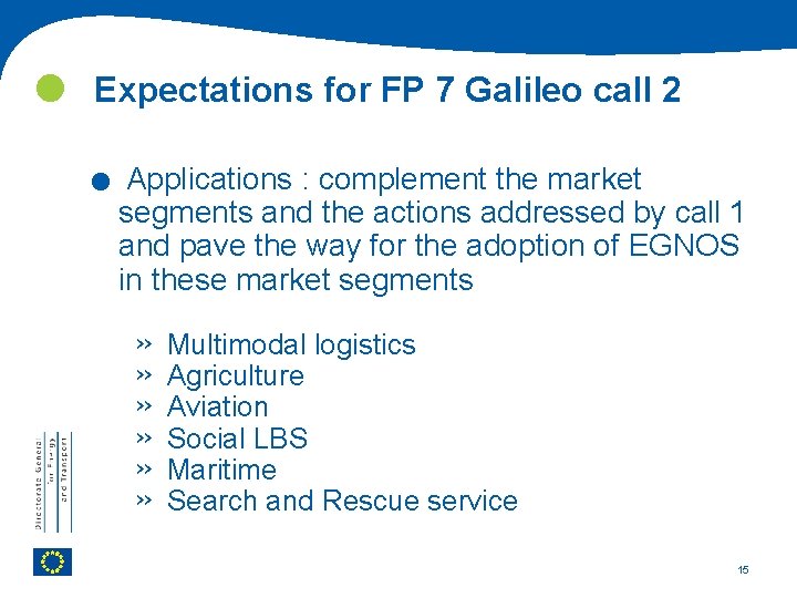  Expectations for FP 7 Galileo call 2 . Applications : complement the market