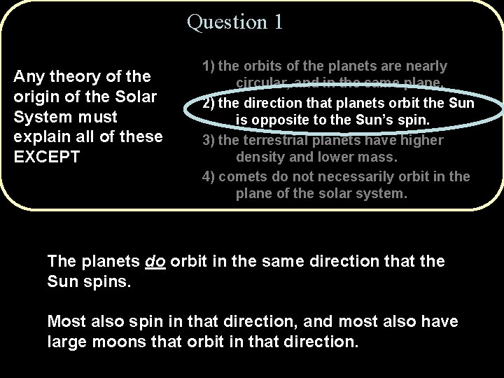 Question 1 Any theory of the origin of the Solar System must explain all