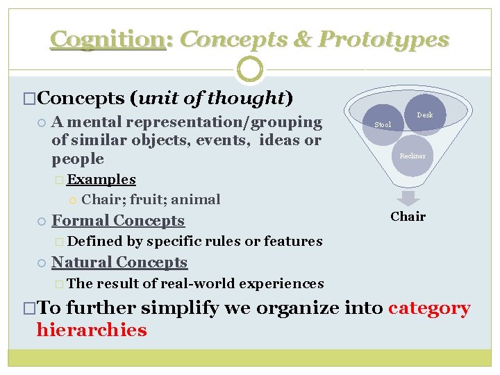 Cognition: Concepts & Prototypes �Concepts (unit of thought) A mental representation/grouping of similar objects,