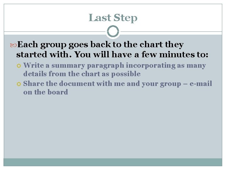 Last Step Each group goes back to the chart they started with. You will