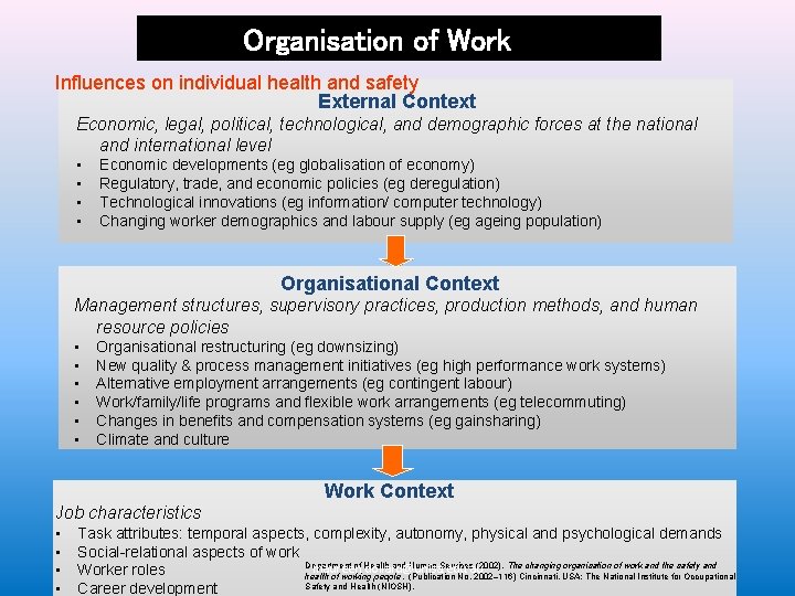 Organisation of Work Influences on individual health and safety External Context Economic, legal, political,