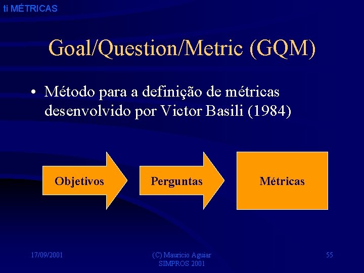 ti MÉTRICAS Goal/Question/Metric (GQM) • Método para a definição de métricas desenvolvido por Victor