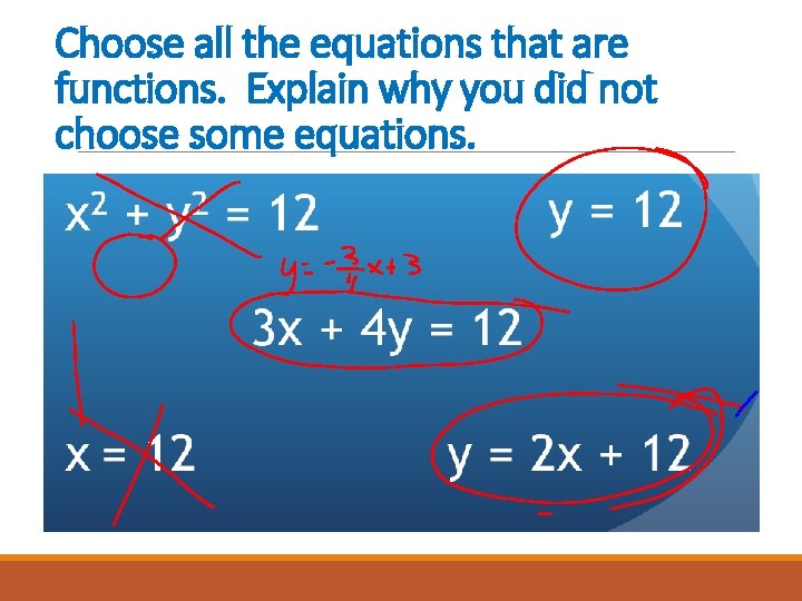 Choose all the equations that are functions. Explain why you did not choose some