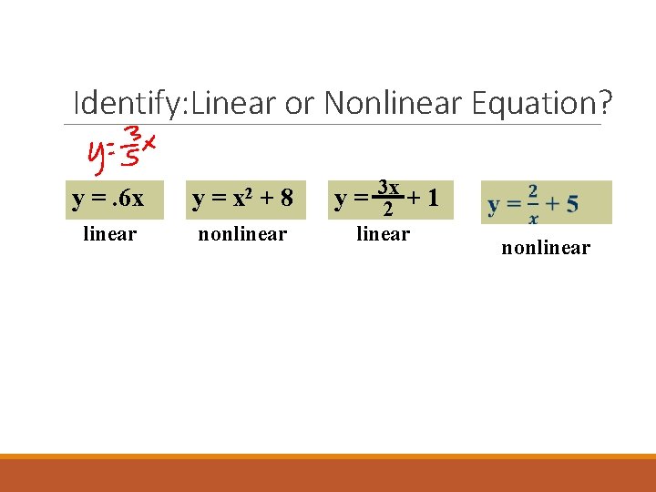 Identify: Linear or Nonlinear Equation? y =. 6 x y = x 2 +