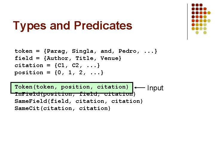 Types and Predicates token = {Parag, Singla, and, Pedro, . . . } field