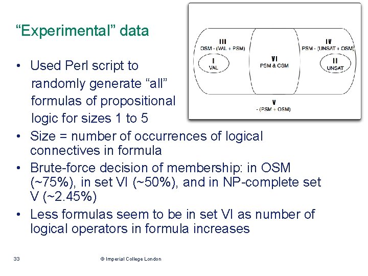 “Experimental” data • Used Perl script to randomly generate “all” formulas of propositional logic