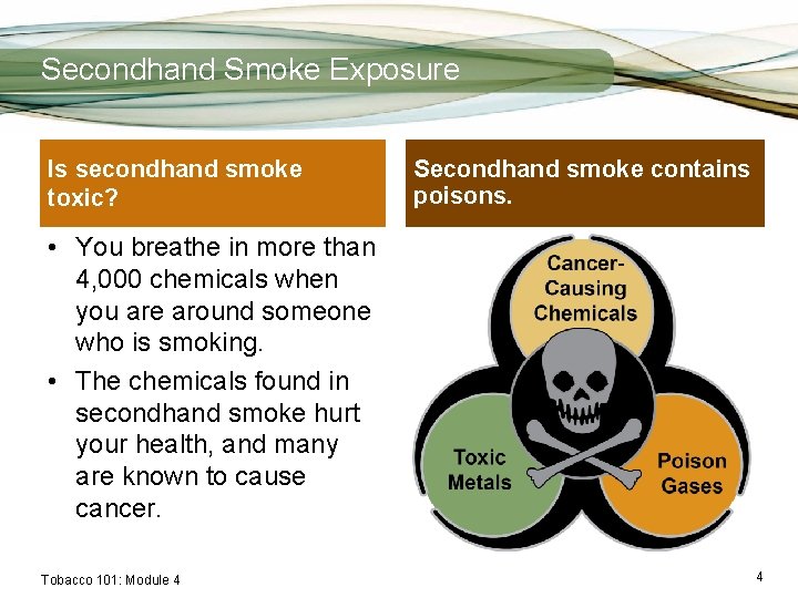 Secondhand Smoke Exposure Is secondhand smoke toxic? • You breathe in more than 4,