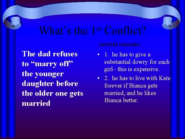 What’s the st 1 Conflict? several reasons: The dad refuses to “marry off” the