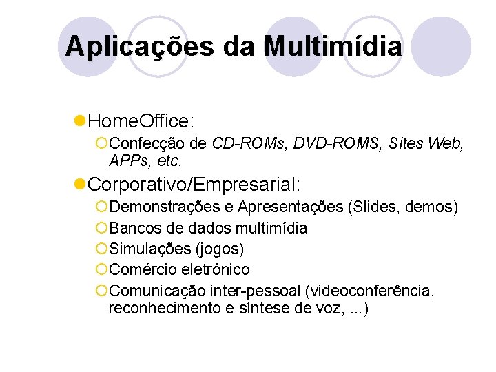 Aplicações da Multimídia l. Home. Office: ¡Confecção de CD-ROMs, DVD-ROMS, Sites Web, APPs, etc.