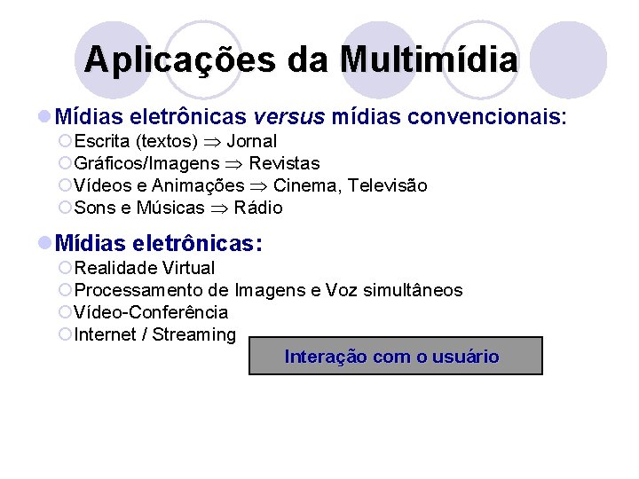 Aplicações da Multimídia l Mídias eletrônicas versus mídias convencionais: ¡Escrita (textos) Jornal ¡Gráficos/Imagens Revistas