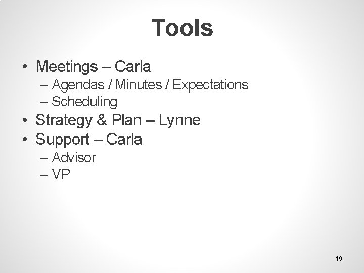 Tools • Meetings – Carla – Agendas / Minutes / Expectations – Scheduling •