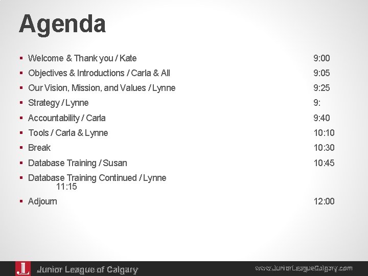 Agenda § Welcome & Thank you / Kate 9: 00 § Objectives & Introductions