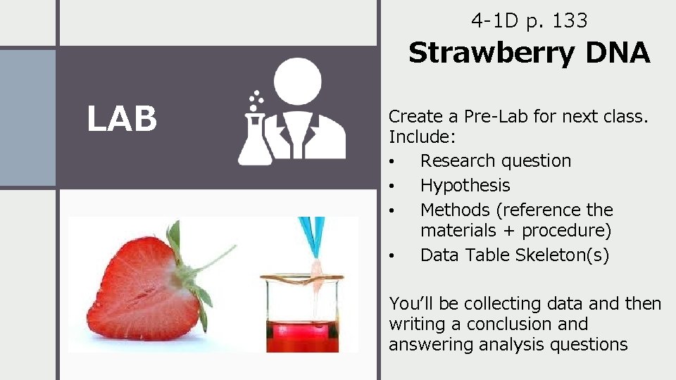 4 -1 D p. 133 Strawberry DNA LAB Create a Pre-Lab for next class.
