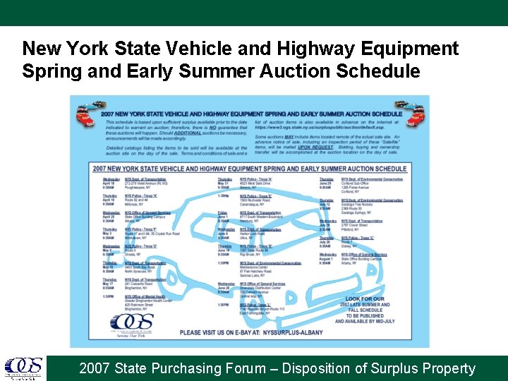 New York State Vehicle and Highway Equipment Spring and Early Summer Auction Schedule 2007