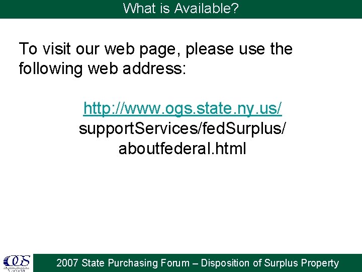 What is Available? To visit our web page, please use the following web address: