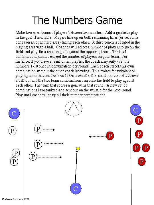 The Numbers Game Make two even teams of players between two coaches. Add a