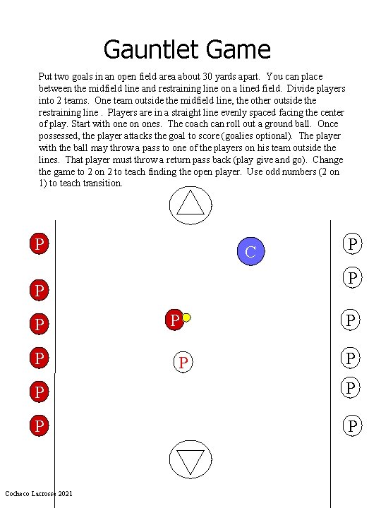 Gauntlet Game Put two goals in an open field area about 30 yards apart.