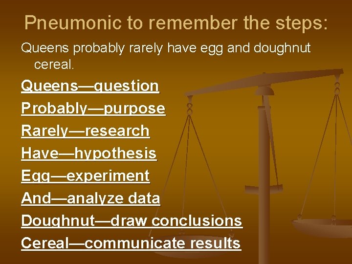 Pneumonic to remember the steps: Queens probably rarely have egg and doughnut cereal. Queens—question