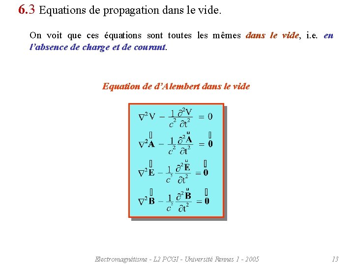 6. 3 Equations de propagation dans le vide. On voit que ces équations sont