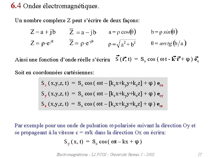 6. 4 Ondes électromagnétiques. Un nombre complexe Z peut s’écrire de deux façons: Ainsi