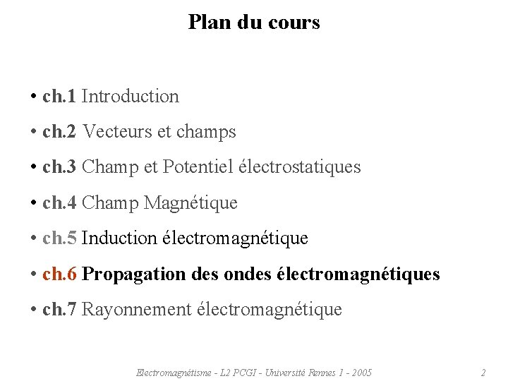 Plan du cours • ch. 1 Introduction • ch. 2 Vecteurs et champs •