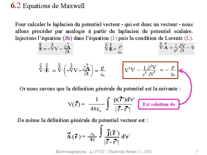 6. 2 Equations de Maxwell Pour calculer le laplacien du potentiel vecteur - qui