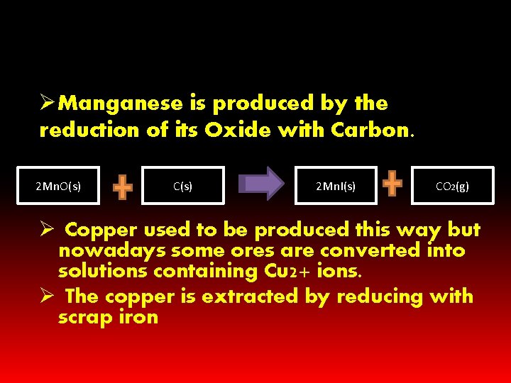 ØManganese is produced by the reduction of its Oxide with Carbon. 2 Mn. O(s) ØManganese is produced by the reduction of its Oxide with Carbon. 2 Mn. O(s)