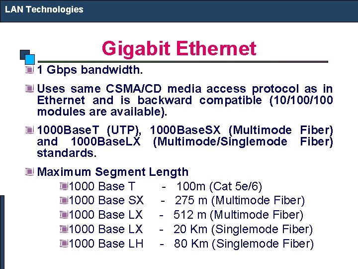 LAN Technologies Gigabit Ethernet 1 Gbps bandwidth. Uses same CSMA/CD media access protocol as