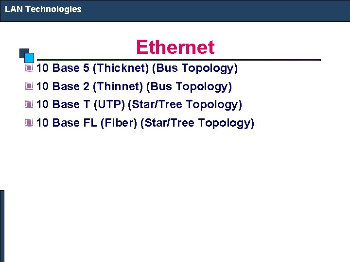 LAN Technologies Ethernet 10 Base 5 (Thicknet) (Bus Topology) 10 Base 2 (Thinnet) (Bus