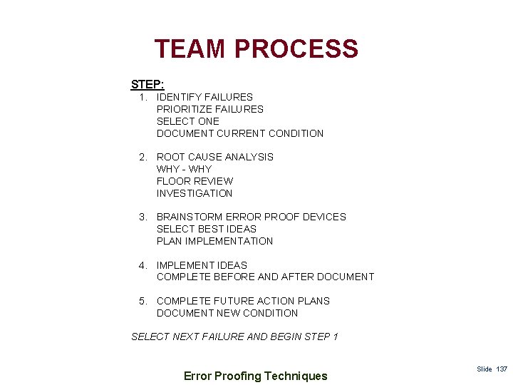 TEAM PROCESS STEP: 1. IDENTIFY FAILURES PRIORITIZE FAILURES SELECT ONE DOCUMENT CURRENT CONDITION 2.