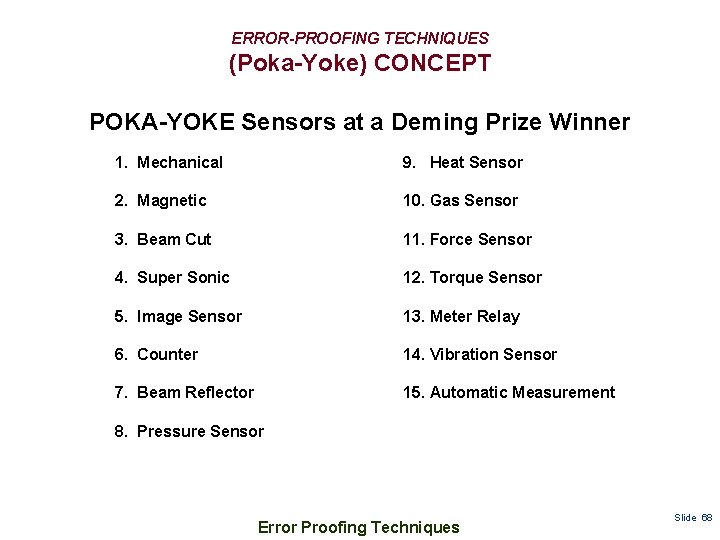 ERROR-PROOFING TECHNIQUES (Poka-Yoke) CONCEPT POKA-YOKE Sensors at a Deming Prize Winner 1. Mechanical 9.