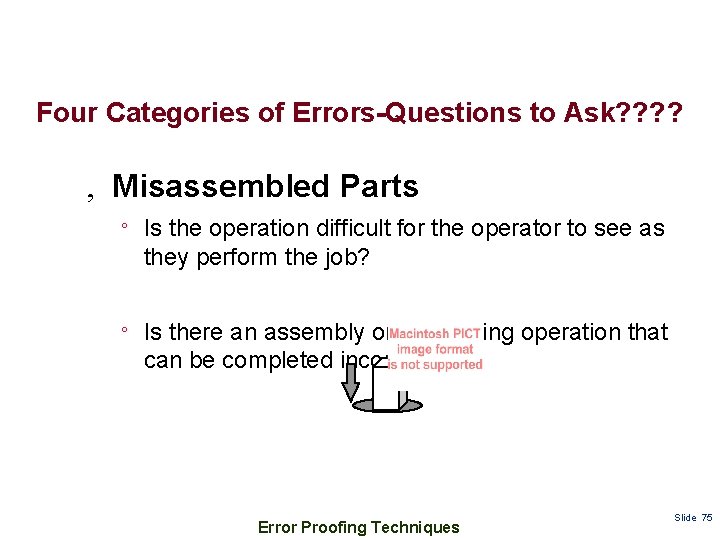 Four Categories of Errors-Questions to Ask? ? ‚ Misassembled Parts ° Is the operation