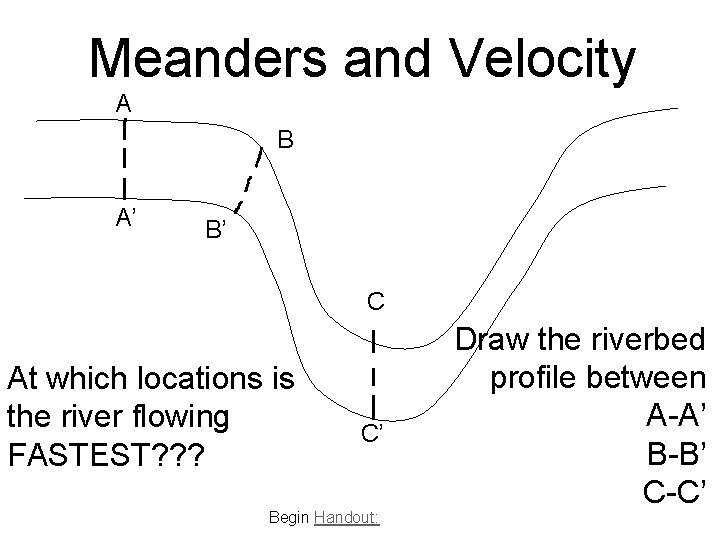 Meanders and Velocity A B A’ B’ C At which locations is the river